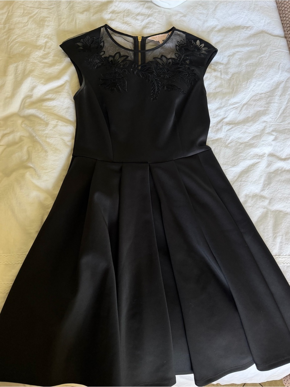 Ted Baker London Black Midi Dress with Sheer Embroidered Yoke